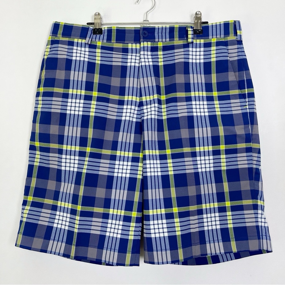Nike Golf Dri-Fit Men’s‎ Blue and Yellow Plaid Flat Front Shorts Size 34